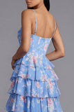 Ruffled Blue Spaghetti Straps Corset A Line Floral Wedding Guest Dress with Slit