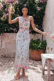 One Shoulder Blue Pink Flower Sheath Midi Wedding Guest Dress