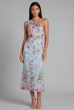 One Shoulder Blue Pink Flower Sheath Midi Wedding Guest Dress