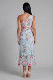 One Shoulder Blue Pink Flower Sheath Midi Wedding Guest Dress