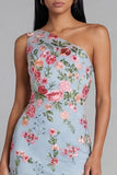 One Shoulder Blue Pink Flower Sheath Midi Wedding Guest Dress