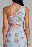 One Shoulder Blue Pink Flower Sheath Midi Wedding Guest Dress