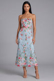 Blue Pink Flower Strapless Sheath Wedding Guest Dress