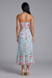 Blue Pink Flower Strapless Sheath Wedding Guest Dress