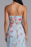 Blue Pink Flower Strapless Sheath Wedding Guest Dress