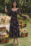 Black Floral A Line V-Neck Wedding Guest Dress with Long Sleeves