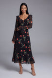 Black Floral A Line V-Neck Wedding Guest Dress with Long Sleeves