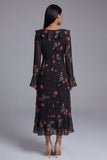 Black Floral A Line V-Neck Wedding Guest Dress with Long Sleeves