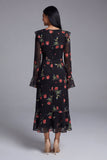Black Floral A Line V-Neck Wedding Guest Dress with Long Sleeves