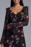 Black Floral A Line V-Neck Wedding Guest Dress with Long Sleeves