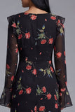 Black Floral A Line V-Neck Wedding Guest Dress with Long Sleeves
