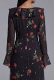 Black Floral A Line V-Neck Wedding Guest Dress with Long Sleeves