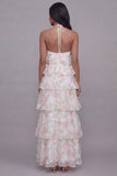White Pink Flower Halter A Line Long Wedding Guest Dress
