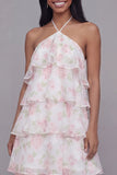 White Pink Flower Halter A Line Long Wedding Guest Dress