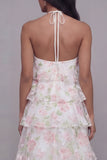 White Pink Flower Halter A Line Long Wedding Guest Dress