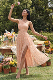 Light Orange A Line One Shoulder Floral Cut Out Ruched Wedding Guest Dress with Slit