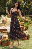 Halter Black Floral A Line Midi Wedding Guest Dress