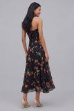 Halter Black Floral A Line Midi Wedding Guest Dress