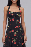 Halter Black Floral A Line Midi Wedding Guest Dress