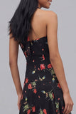 Halter Black Floral A Line Midi Wedding Guest Dress