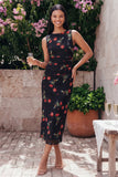 Sheath Bateau Neck Floral Black Midi Wedding Guest Dress