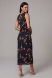 Sheath Bateau Neck Floral Black Midi Wedding Guest Dress