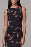 Sheath Bateau Neck Floral Black Midi Wedding Guest Dress
