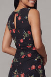 Sheath Bateau Neck Floral Black Midi Wedding Guest Dress