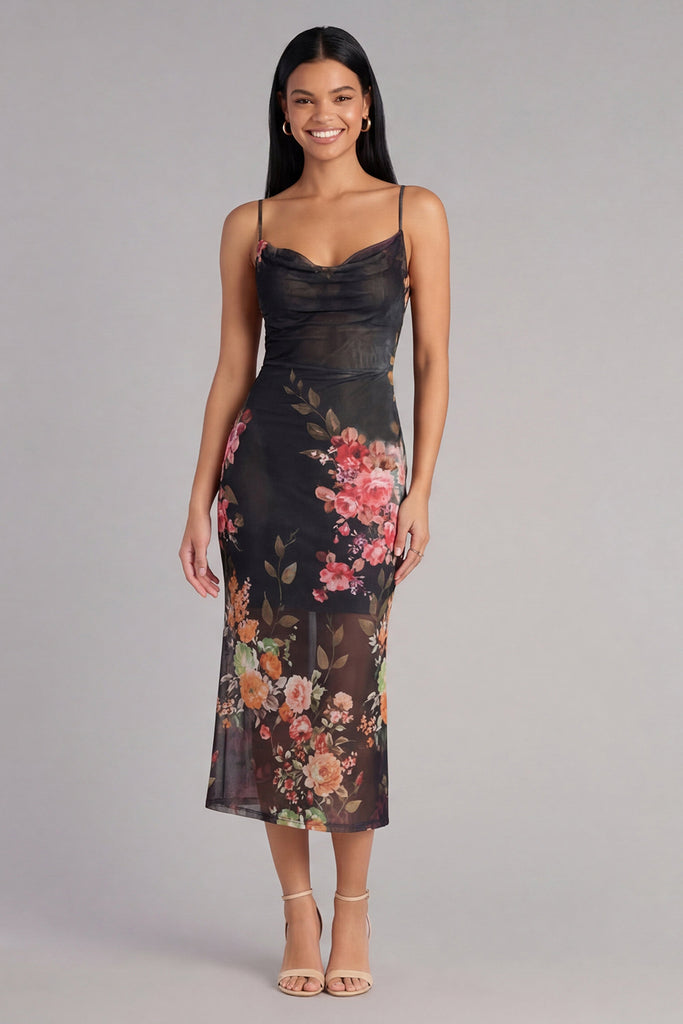 Wedtrend Women Black Floral Wedding Guest Dress Spaghetti Straps Sheath