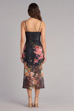 Black Floral Spaghetti Straps Sheath Midi Wedding Guest Dress
