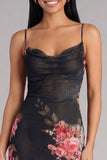 Black Floral Spaghetti Straps Sheath Midi Wedding Guest Dress
