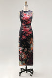 Sheath Black Floral Bateau Neck Midi Wedding Guest Dress