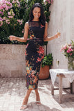 Sheath Black Floral Bateau Neck Midi Wedding Guest Dress