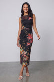 Sheath Black Floral Bateau Neck Midi Wedding Guest Dress