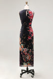 Sheath Black Floral Bateau Neck Midi Wedding Guest Dress