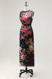 Sheath Black Floral Bateau Neck Midi Wedding Guest Dress