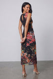 Sheath Black Floral Bateau Neck Midi Wedding Guest Dress