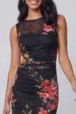 Sheath Black Floral Bateau Neck Midi Wedding Guest Dress