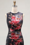 Sheath Black Floral Bateau Neck Midi Wedding Guest Dress