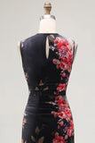 Sheath Black Floral Bateau Neck Midi Wedding Guest Dress