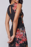 Sheath Black Floral Bateau Neck Midi Wedding Guest Dress