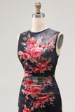 Sheath Black Floral Bateau Neck Midi Wedding Guest Dress