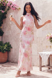 Halter Pink Floral Sheath Long Wedding Guest Dress