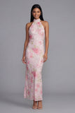 Halter Pink Floral Sheath Long Wedding Guest Dress