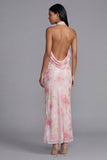 Halter Pink Floral Sheath Long Wedding Guest Dress