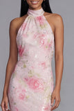 Halter Pink Floral Sheath Long Wedding Guest Dress