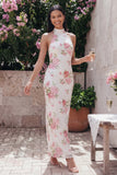 Halter Pink Floral Sheath Long Wedding Guest Dress
