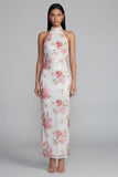 Halter Pink Floral Sheath Long Wedding Guest Dress