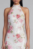 Halter Pink Floral Sheath Long Wedding Guest Dress