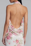 Halter Pink Floral Sheath Long Wedding Guest Dress